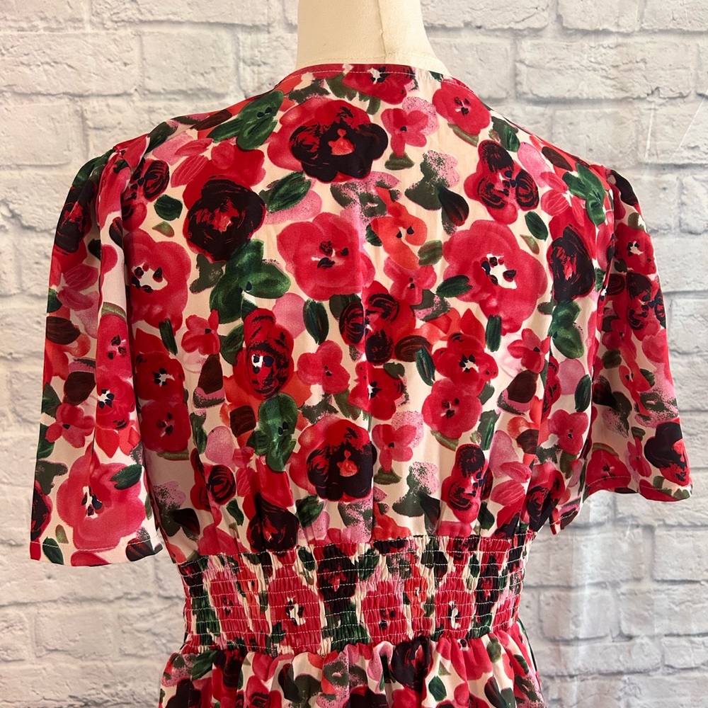 Romantic Floral Mini Dress Red & Pink Roses Empire Waist Low Cut Deep V-Neck - Picture 12 of 15
